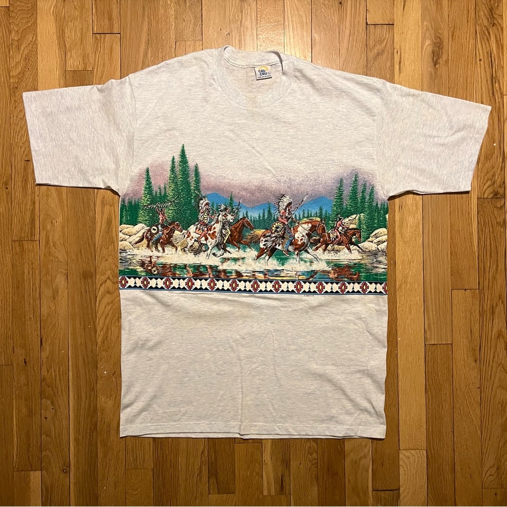 Vintage Native Indian Graphic T Shirt Mens Large AOP Gray